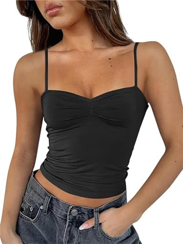 FOFAINWE Ärmlös hjärtformad urringning crop tank toppar rygglös spagettiremmar plissé bustier Y2K Camis utekväll topp, svart, S