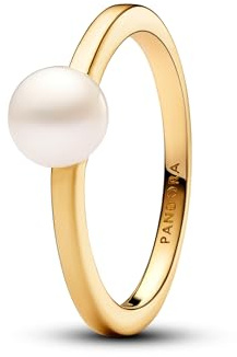 Pandora Timeless Anillo chapado en oro de 14 quilates con perla blanca cultivada de agua dulce tratada, talla 52