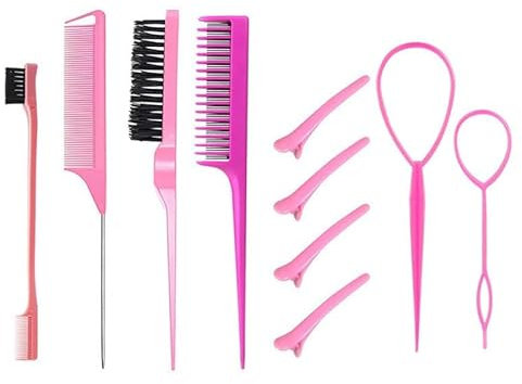 10 Stück Haarbürsten-Set, Nylon-Haarbürsten für den Salon, doppelseitige Haarkantenbürste, glatter Kamm für die Haarpflege, Rattenschwanzkämme mit Entenschnabel-Clips für Frauen und Mädchen (Rosa)