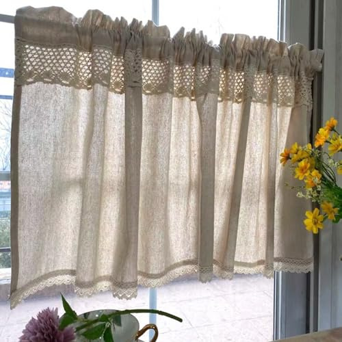 A.Monamour Tenda Corta per Finestra Piccola Rustico Solido Beige Cotone Lino Pizzo Uncinetto Opaco Tendina Tenda da Cucina Bistrot Caffè Mezza Tenda Tenda a Vetro a Pannello Tenda Porta