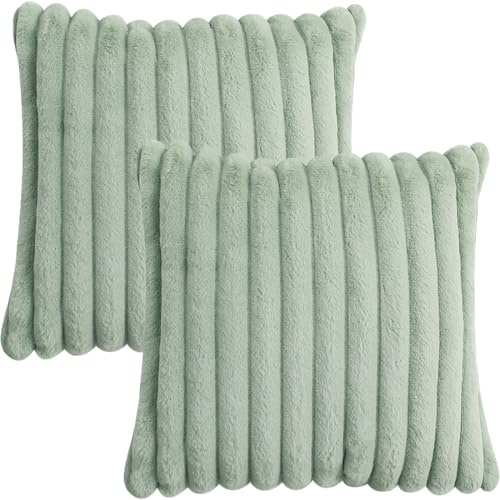 Tennove Cushion Covers 40x40cm Soft Faux Fur Plush Cushion Pillowcase Decorative Striped Fluffy Throw Pillow Covers Pack of 2 for Home Sofa Bedroom Decor, Sage Green