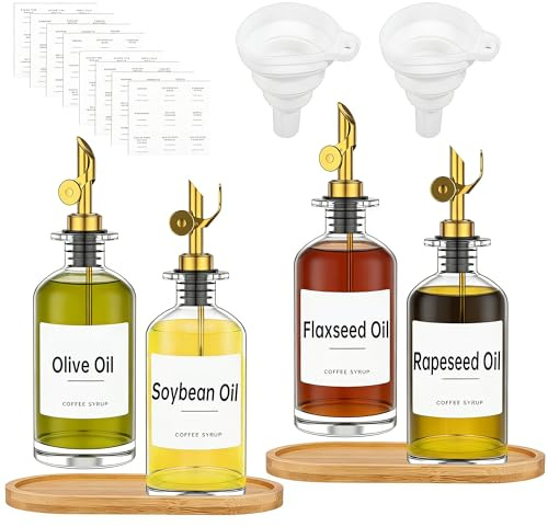 LSCSJUNS 4Pack 11.8oz/350ml Oil Dispenser Bottle for Kitchen, Glass Olive Oil and Vinegar Dispenser Set, Soy Sauce Dispenser with Wooden Tray & Labels & Replacement Spouts & Pumps