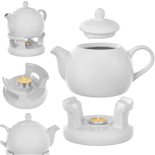 KADAX Juego de tetera de 1 litro con calientaplatos, cafetera de porcelana con tapa, asa y calentador de té, con calentador de velas de té, color blanco