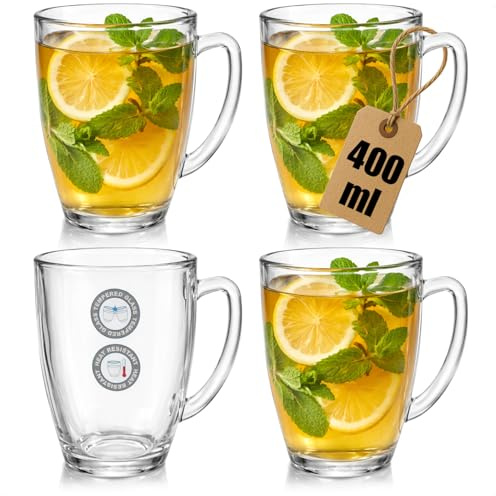 com-four® set da 4 bicchieri da tè in vetro temperato 400 ml tazza resistente al calore con manico grande bicchiere per tè cacao caffè e cappuccino (4 pezzi - 400 ml)