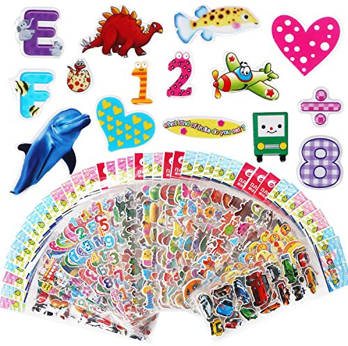 Vicloon 40 fogli di varietà di adesivi 3D per bambini, oltre 1100 adesivi per bambini gonfi per regali gratificanti scrapbooking tra cui animali, numeri, lettere, emoji, dinosauri, frutta, aereo e