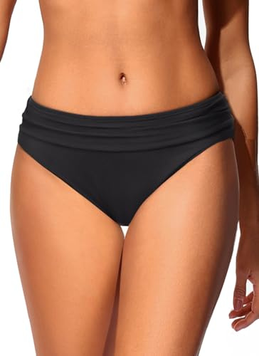 Zmart Women Full Coverage Ruched Bikini Bottoms Tummy Control Swim Bottoms Scrunch Ruffle Bathing Suit Bottom Black M