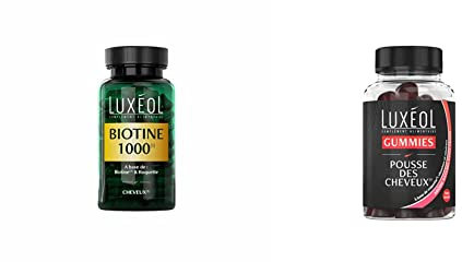 Luxéol – Biotine 1000 μg – Favorise la Pousse des Cheveux – Made in France – 90 Gélules – 28,6 g & Gummies Pousse Cheveux - Stimulation Du Bulbe Capillaire - Arôme Naturel Goût Fraise - 60 Gummies