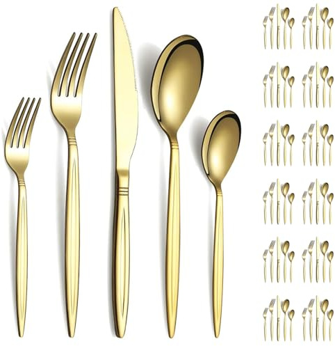 Evanda Bestickset i Guld 60 Delar för 12 Personer - Titanguldpläterat Rostfritt Stål, Knivar Gafflar Skedar för Bröllop, Fester, Födelsedagar, Restauranger - Diskmaskinssäkert