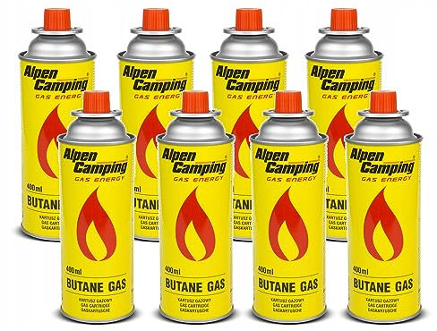 Alpen Camping Cartucho de Gas 400 ml, Certificado: Pi 0875, Compatible con EN417, isobutano, Rango de Funcionamiento de -10 ° C a + 40 ° C, IK004 (8)