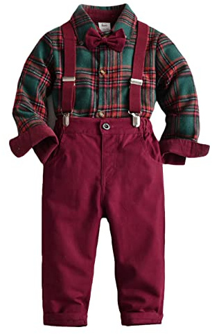 Carolilly Completo Bambino di Natale 2 Pezzi Abito Gentiluomo Elegante Camicia Maniche Lunghe a Quadri+Pantaloni con Bretelle Tuta Natalizia Ragazzi (Rosso Vino, 3-4 Years)