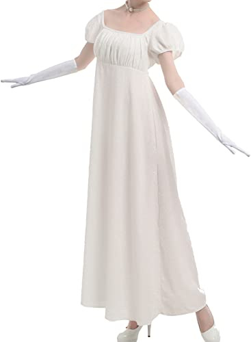 Fiamll Abito da damigella d'onore, stile impero, da donna, da festa, in jacquard, da matrimonio, abito da sera, maxi, abito da festa, bianco, L