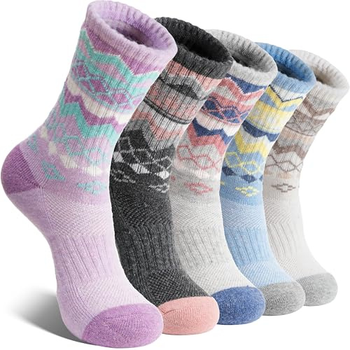 EBMORE Womens Merino Wool Socks Thermal Warm Winter Hiking Walking Stocking Fillers Women Boot Crew Cushion Work Gift Socks 5 Pairs(Nordic,L)
