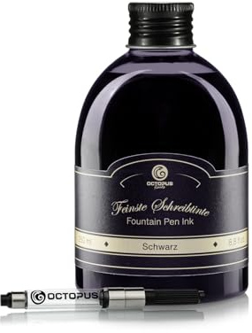 Octopus Fluids Klassik Füllhaltertinte Schwarz - Set mit 250?ml Nachfüllflasche & Tinten-Konverter, hochwertige Schreibtinte für Füllhalter und Schreibfedern