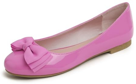 Feversole Damen-Ballerinas mit runder Zehenpartie, niedlicher Schleifenbesatz, Holiday Pink Patent Tri-Bow