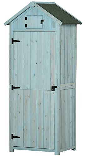 Outsunny Armario de Jardín de Madera de Abeto 77x54,2x179 cm 0,3 m² Cobertizo de Jardín para Herramientas con 3 Estantes y 2 Puertas con Cerrojo para Terraza Patio Natural y Verde Azul y Verde