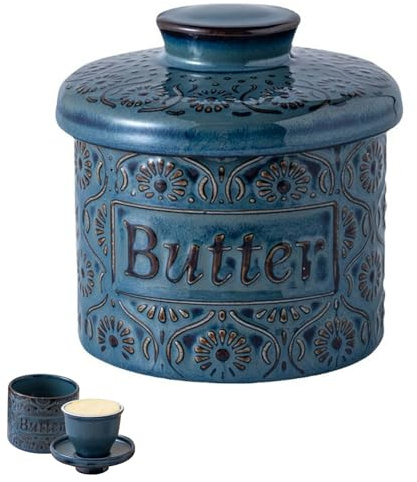 Calenxy Keramik Butterdose, Französische Butterglocke mit Deckel, 250g, Blau