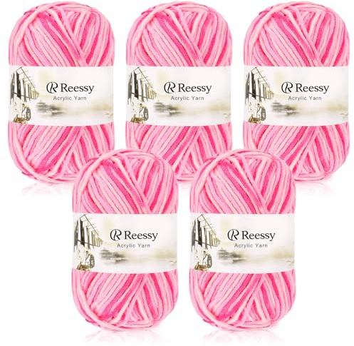 Reessy 225g Knitting Wool Acrylic Yarn Crochet Yarn Set, Super Soft 5 Ply Wool for Crochet Knitting and Crafts, 5 x 45g Crochet Yarn for Amigurumi Projects Handcrafts-Pink
