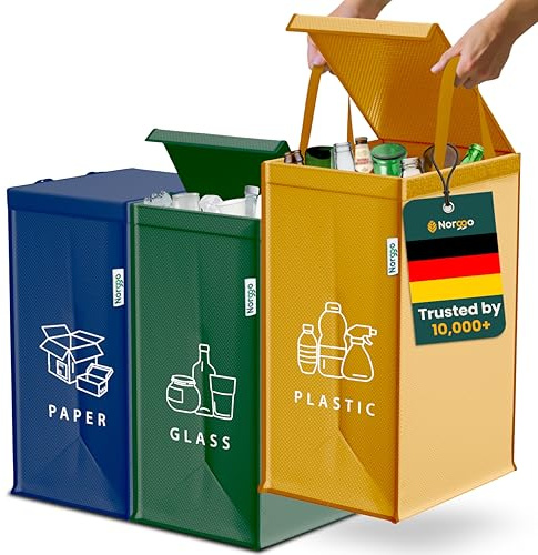 Norggo Borse per raccolta differenziata 40L – Set 3 buste raccolta differenziata per plastica, carta e vetro – Sacchi differenziata colorati con maniglia – Sacchetti e borse differenziata per casa