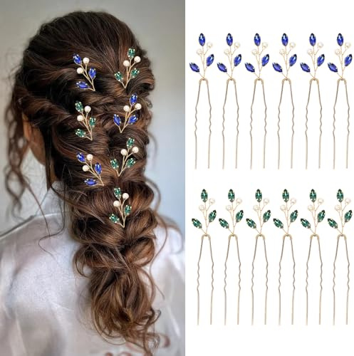 VLYX Set de 12 Accessoires de Cheveux pour Mariée, Épingle à Cheveux Cristal pour la Mariée & Demoiselles, Bijoux pour Cheveux en Argent avec Motif Floral et Diamants Verts & Bleus