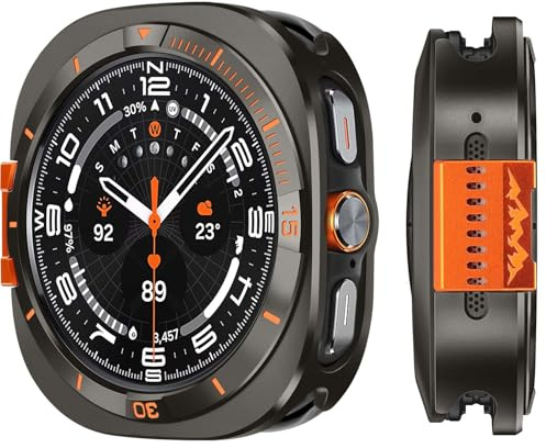 Suphart Metallskydd kompatibelt med Samsung Galaxy Watch Ultra Case 2025/2024, 2-i-1, skyddande robust stötfångare med bakram för Galaxy Watch 47 mm (grafit/orange)
