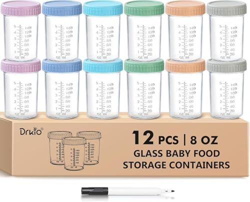 LATERN 12Pcs Glass Baby Food Storage Containers, 240ml /8oz BPA Free Baby Food Jar 100% Leak Proof Reusable Food Container with Lid & Marker for Microwave & Dishwasher & Freezer Safe
