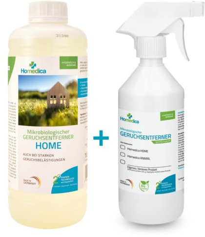 HOMEDICA Geruchsentferner Home 1L + Nachfüllflasche 500ml - Vegan & Made in Germany - Mikrobiologischer Enzymreiniger für Textilien, Polstern & Tierfellen - gegen unangenehme Gerüche