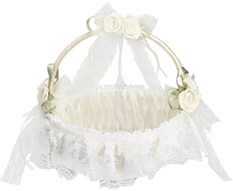 Flower Girl Basket, Lace Decorative Hamper & Picnic Basket for Wedding Petal Confetti, Photography Props (White, 22cm*22cm)
