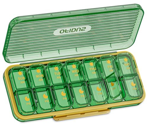 OFIDUS 14 Zellen 2 Mal pro Tag Pillen Organizer - Feuchtigkeitsbeständig Tägliche Niedliche Pillenbox, Abnehmbare Getrennte Zelle 14 Tage Pillenetui Geeignet für Reisen Schmuck & Alltag (Grün)