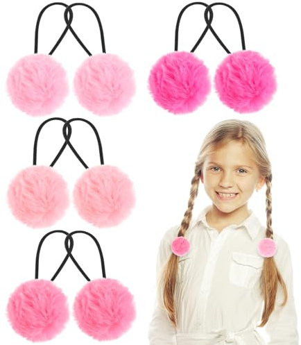 Yolev 4 Pairs Pom Pom Hair Ties - Fluffy Elastic Scrunchie Ball Hair Accessories for Girls - Pink Stretchy Nylon Hairbands With Bows