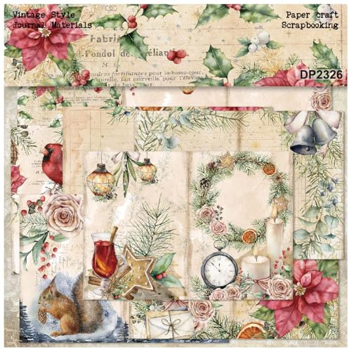 ZAKHSE Motivpapier Weihnachten, 24 Blätter Bastelpapier Blumenmuster Einseitig Bedruckt Designpapier, Papiergröße 21x14,5cm, 8 Designs, Gemusterte Papier für Scrapbooks, Alben, Kartenherstellung