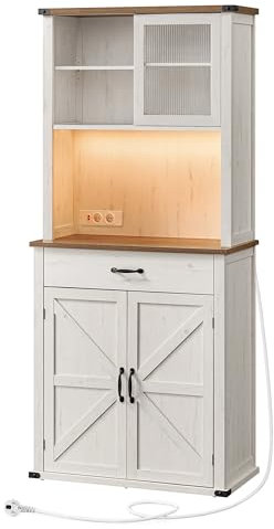 VASAGLE Sideboard mit Beleuchtung, Aufbewahrungsschrank, mit Türen und Schubladen, Küchenschrank, Kaffeebar, verstellbare Ablage, Landhausstil, vintageweiß BBK363W22