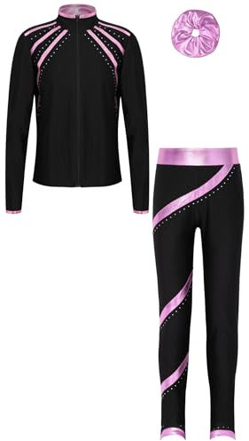 HULIJA Kinder Mädchen Eiskunstlauf Kleidung Set Langarm Eiskunstlauf Jacke mit Strass+ Leggings + Haarband Sportsanzug Fitness Rosa 146-152
