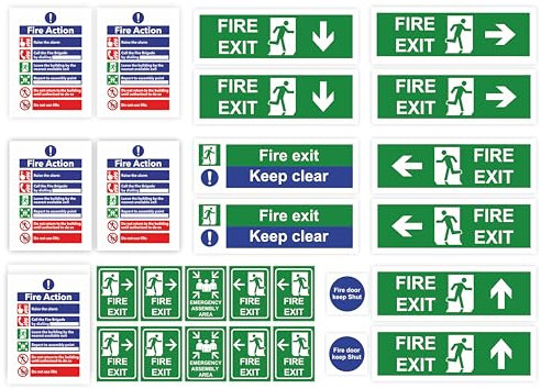 Fire Escape Signage - Full Set of 27 Health & Safety Signs - Self Adhesive Fire Exit & Keep Clear Signs
