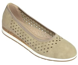 Dr Keller Ladies Wide E Fit Punchwork Ballerina Shoes, Nubuck Effect Comfort Flats with Cutwork & Cork Wedge Trim Beige 8