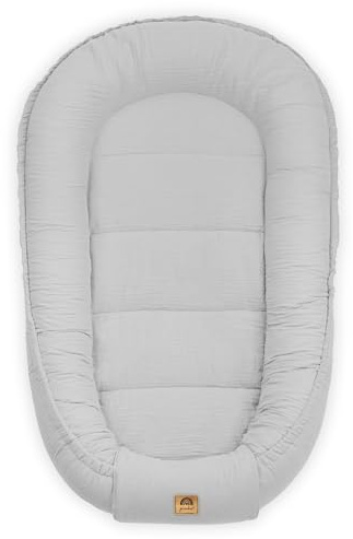 PIMKO Réducteur de Lit bébé 2 côtés bébé Cocon Baby Nest Nourrissons cocons pour lit pour Nouveau-né 100% mousseline de coton Nid de bébé - Grise perle