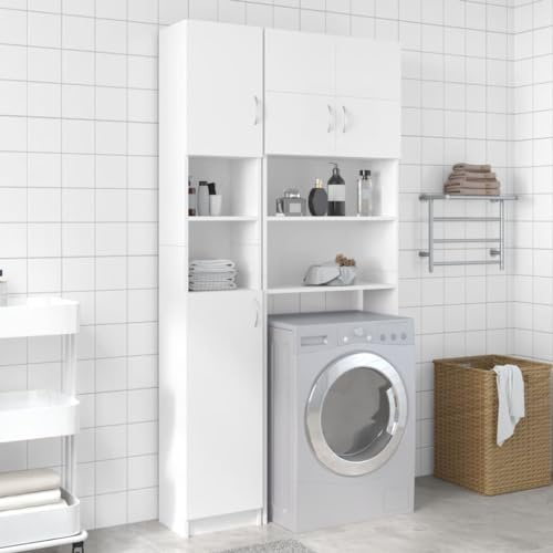 TREISL Armadio da Bagno Bianco 32x25,5x190 cm in Legno Multistrato Mobile da Bagno Ampio Spazio Portaoggetti Arredo Bagno Design Classico Mobili Multifunzionali per Cucina Lavanderia