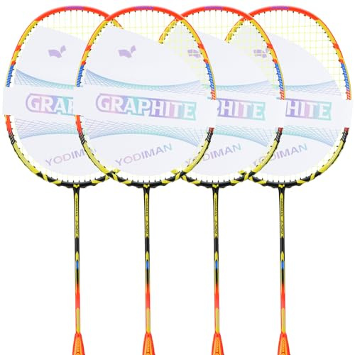 YPyroblaze Graphite Badminton Racket Set - 4 Pre-Strung 6U Super Lightweight Racquets with Overgrips, 2 Durable Bags & Tapes | Graphite Frame & Shaft for Professional Outdoor & Gym Play (Butter)