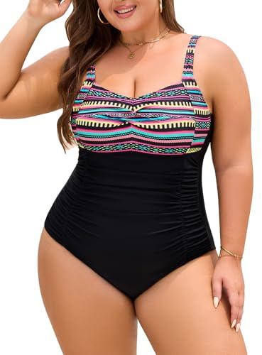 Nadeer Women's One-Piece Swimsuit Plus Size Tummy Control Swimwear V Neck Ruched Ladies Swimming Costume Bathing Suit for Beach Sports(Bohemian,XL)