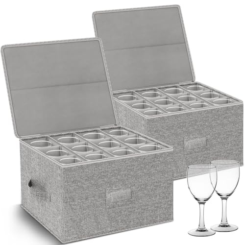 2-Pack Wine Glass Storage Box with Lid, Hard Shell Stemware Container Cases, Packing Boxes for Moving Crystal Glassware, Champagne Flute, for Kitchen, Camping, Motorhome, 12 Dividers for Drinkware