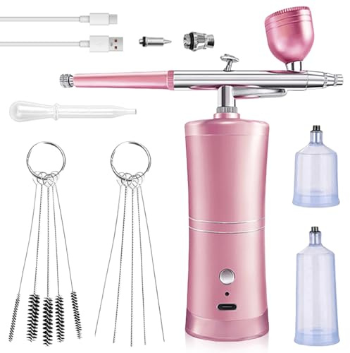 Juego de Aerógrafo Inalámbrico, Kit Aerografo con Compresor, Pistola de Aerografo Portátil, Kit de Aerógrafo de Mano Recargable, Aerografo Kit para Maquillaje, Pintura, Uñas, Arte (Rosa)