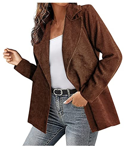 Generisch Cord Blazer Damen Cordjacke Langarm Lässige Blazerjacke Revers Einfarbige Strickjacke Damen Elegant Übergangsjacke Herbst Winterjacken Blazer-Jacke Wintermantel mit Knopf Coffee 1 M