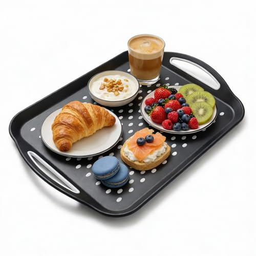 1 Pack Large Non Slip Serving Tray with Handles, Dual Rubber Grippy Lap Food Trays for Eating, Dishwasher Safe Serve for Breakfast, Dinner, Snack, Fruit, Dessert, Beverage (Black)