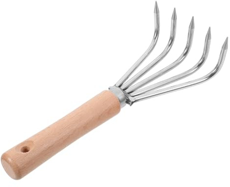 Veemoon Rastrillo de Mano para Jardinería con Mango Corto de Madera, 5 Dientes de Acero Inoxidable Blanco, Herramienta Manual para Cultivo, Desherbado y Aflojamiento del Suelo, Adecuado