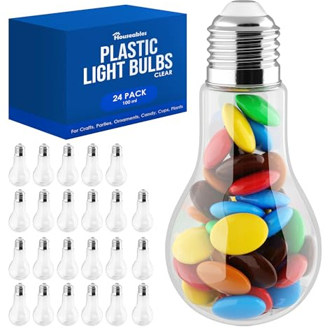 Houseables Plastic Light Bulbs, Fillable Light Bulbs, Fake Lightbulb, Plastic Lightbulbs for Crafts, Clear, Cups, Jars, Containers, Ornaments, Drink Glasses, Candy, Bottles, Party Favors, 100ML, 24PK