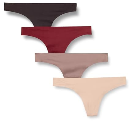 Amazon Essentials Sous-Vêtements pour Femme Respirants sans Couture, String, Stretch Collé Femme, Lot de 4, Beige/Bordeaux/Brun/Taupe, 42