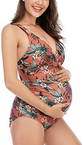 EastElegant Floral Maternity Swimsuits V Neck Pregnancy Swimwear Bikini, pink,XXL
