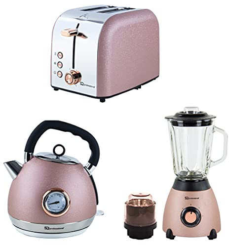 SQ Professional Epoque 3pc Breakfast Set -Kettle with Rose Gold Accents -Temperature Display -2 Slice Toaster with Rose Gold Accents, High-Lift, Wide Slots (Pink)