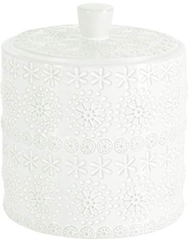 Spirella Wattepaddose Relief Kosmetikorganizer für Make Up und Schmuck Porzellan Wattepadspender, Kleiner Wattestäbchen Spender aus Kunststoff, runde Wattepads Aufbewahrung mit Deckel Weiß