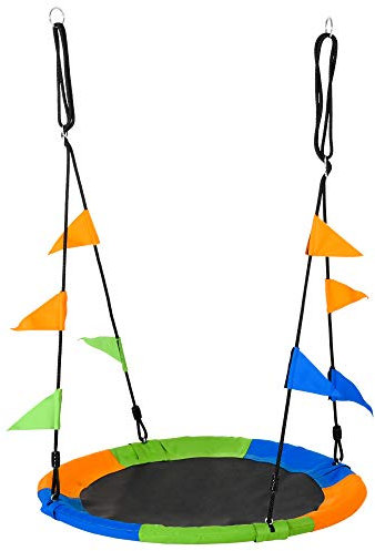 Outsunny Columpio de Jardín Nido Ø100x120-180 cm Altura Ajustable con Cuerdas y Banderas para Niños y Adultos Carga 80 kg Interior y Exterior Multicolor
