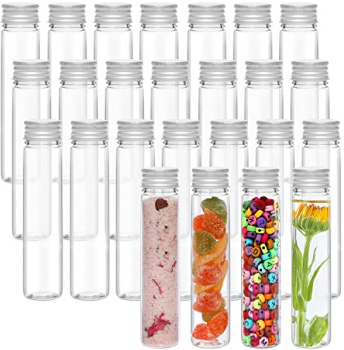 Kurtzy Dursichtiges Kunststoff-Reagenzglas mit Schraubverschluss & Reinigungsbürste (25 Stk) - 75 ml - Wiederverwendbare Reagenzgläser für Blumen, Süßigkeiten, Flüssigkeiten, Badesalz & Perlen